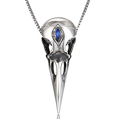 Necklace of 925 Sterling Silver Raven Skull Pendant with Moonstone inlay and 925 Sterling Silver Chain